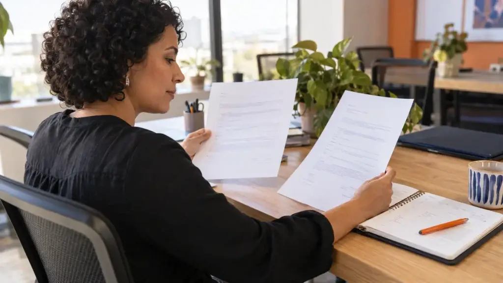Profissional compara duas propostas e um planejamento anual em uma mesa de trabalho.