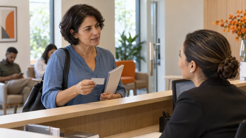 Mulher com pasta de documentos conversa com atendente na recepção de uma clínica.