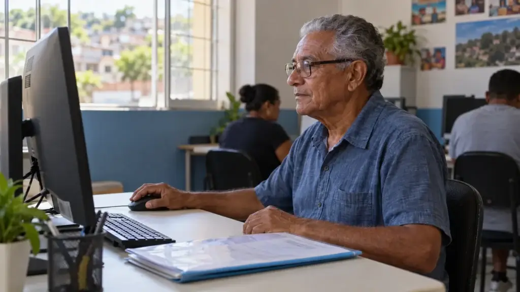 Homem acessa o Portal Emprega Brasil no computador para pedir o seguro-desemprego.