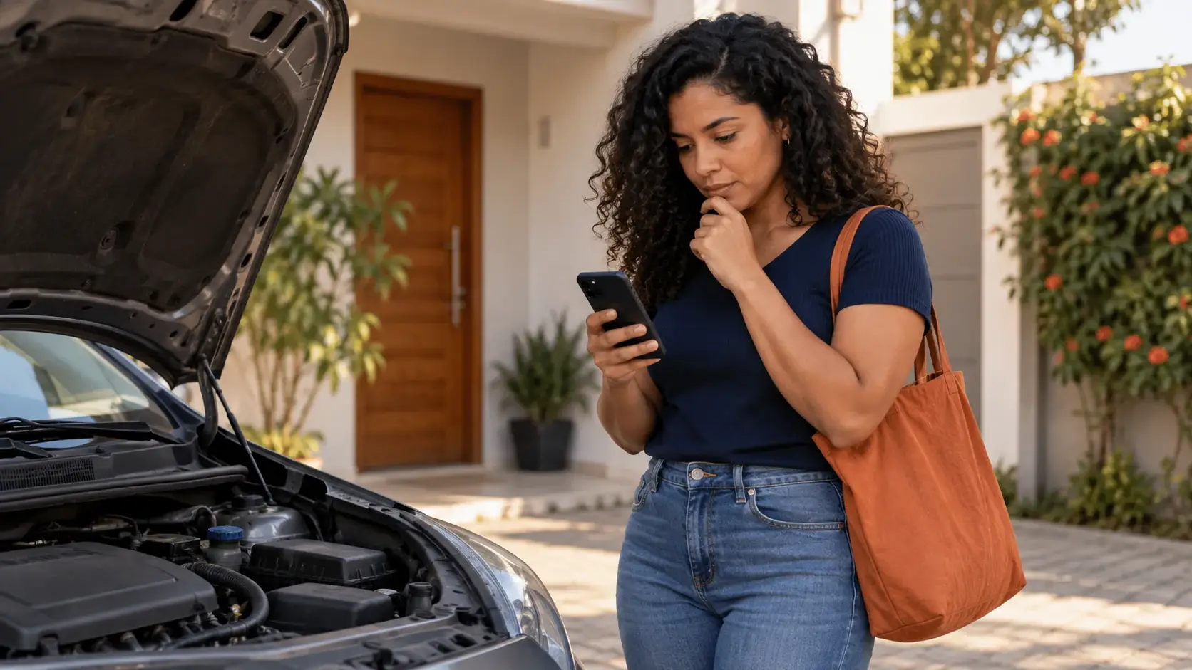 Mulher consultando o celular ao lado de um carro em uma entrada residencial.