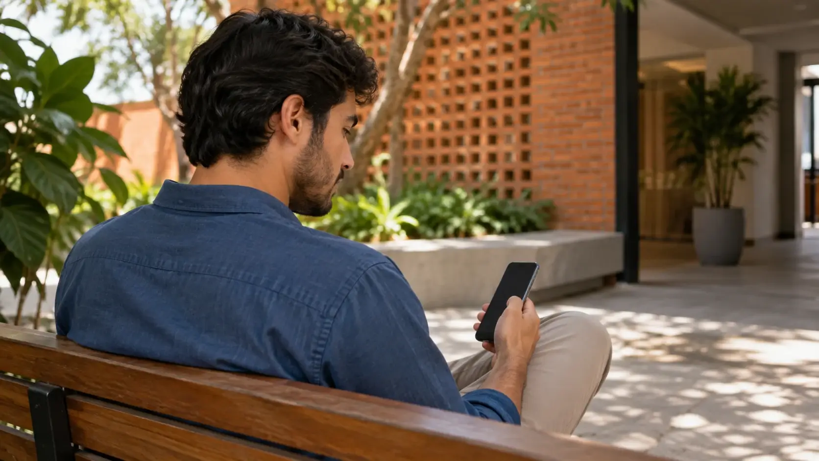 Homem consulta informações financeiras pelo celular.