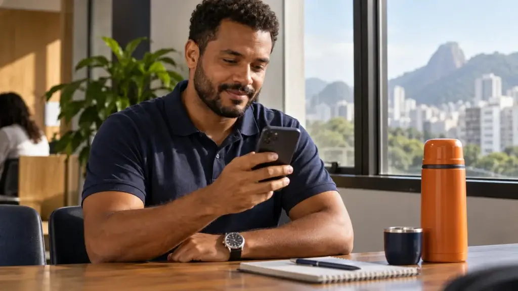 Trabalhador acompanhando no celular quando o empréstimo CLT cai na conta, com o relógio de pulso visível.
