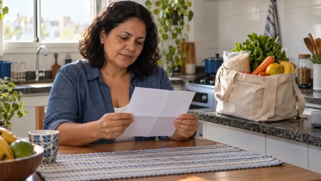Mulher confere o comprovante de pagamento do salário mínimo de 2026 perto das compras do dia a dia.