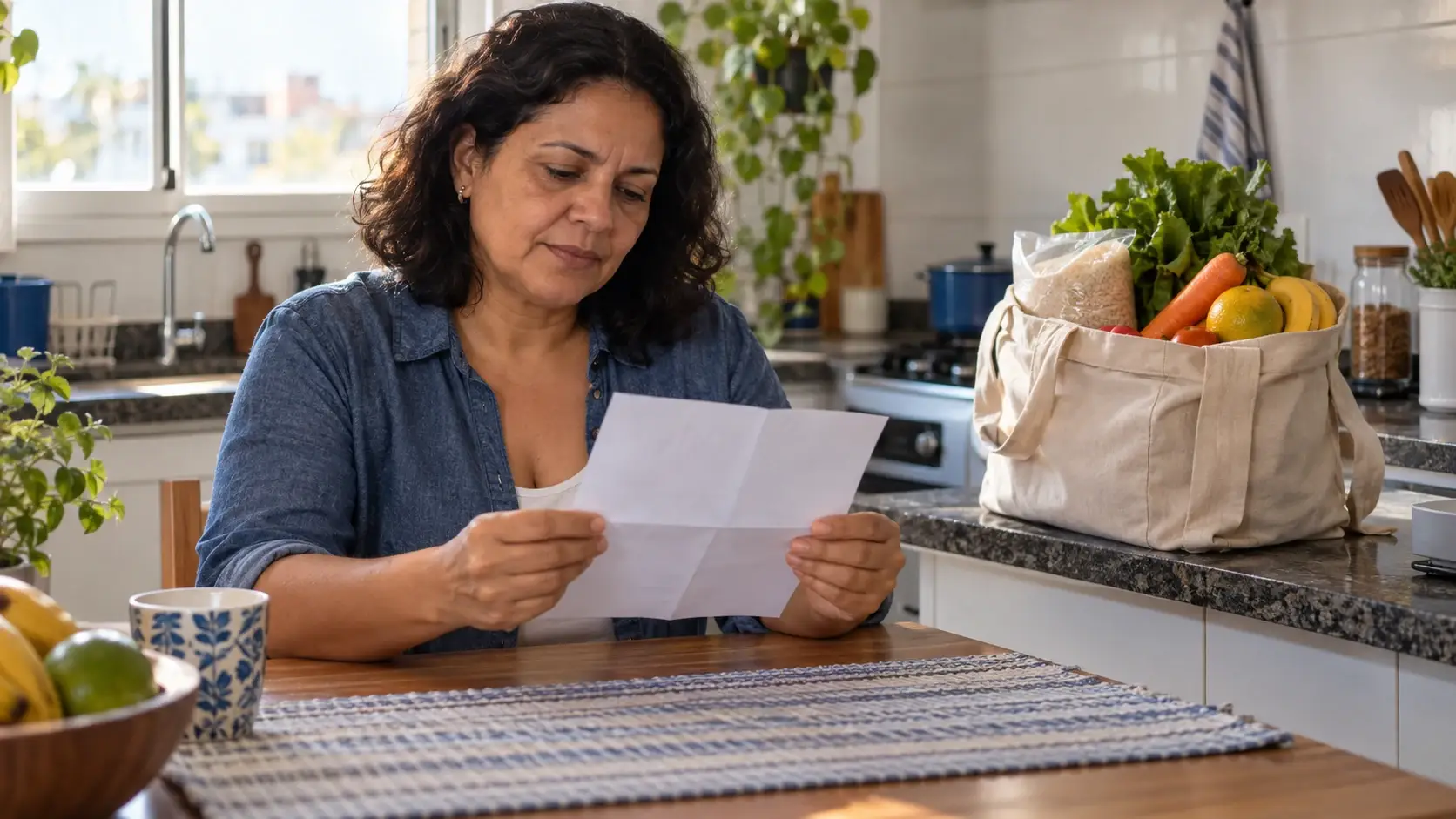 Mulher confere o comprovante de pagamento do salário mínimo de 2026 perto das compras do dia a dia.