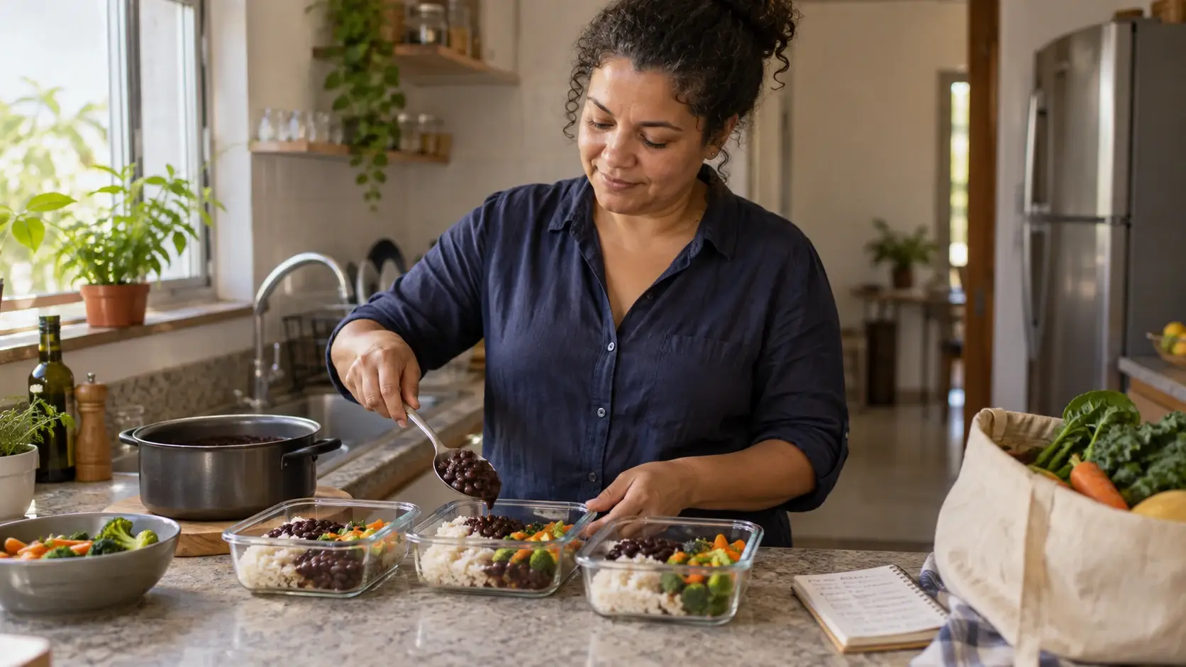 Mulher organiza marmitas e ingredientes na cozinha depois que o saldo do cartão de benefício acabou.