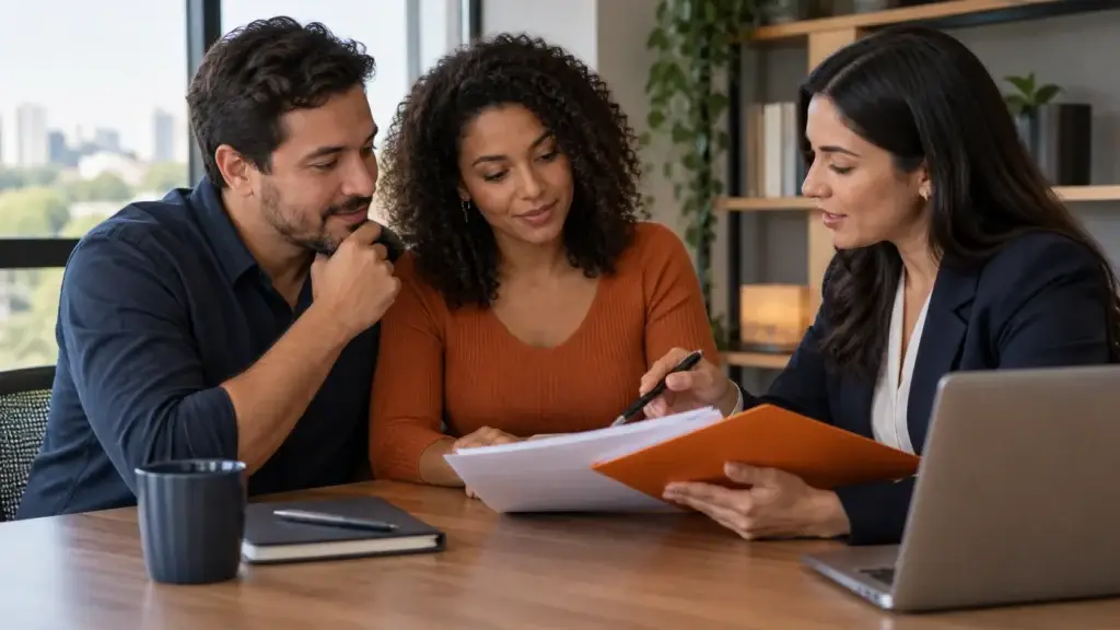 Casal analisa com uma atendente o seguro prestamista do contrato de empréstimo consignado.