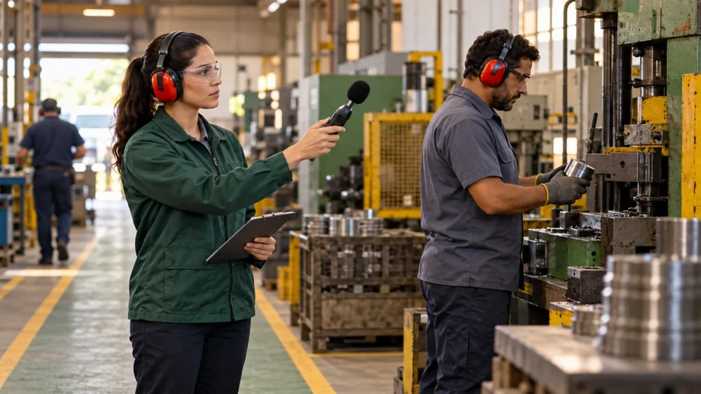 Técnico com medidor e trabalhador com proteção auditiva em uma fábrica.