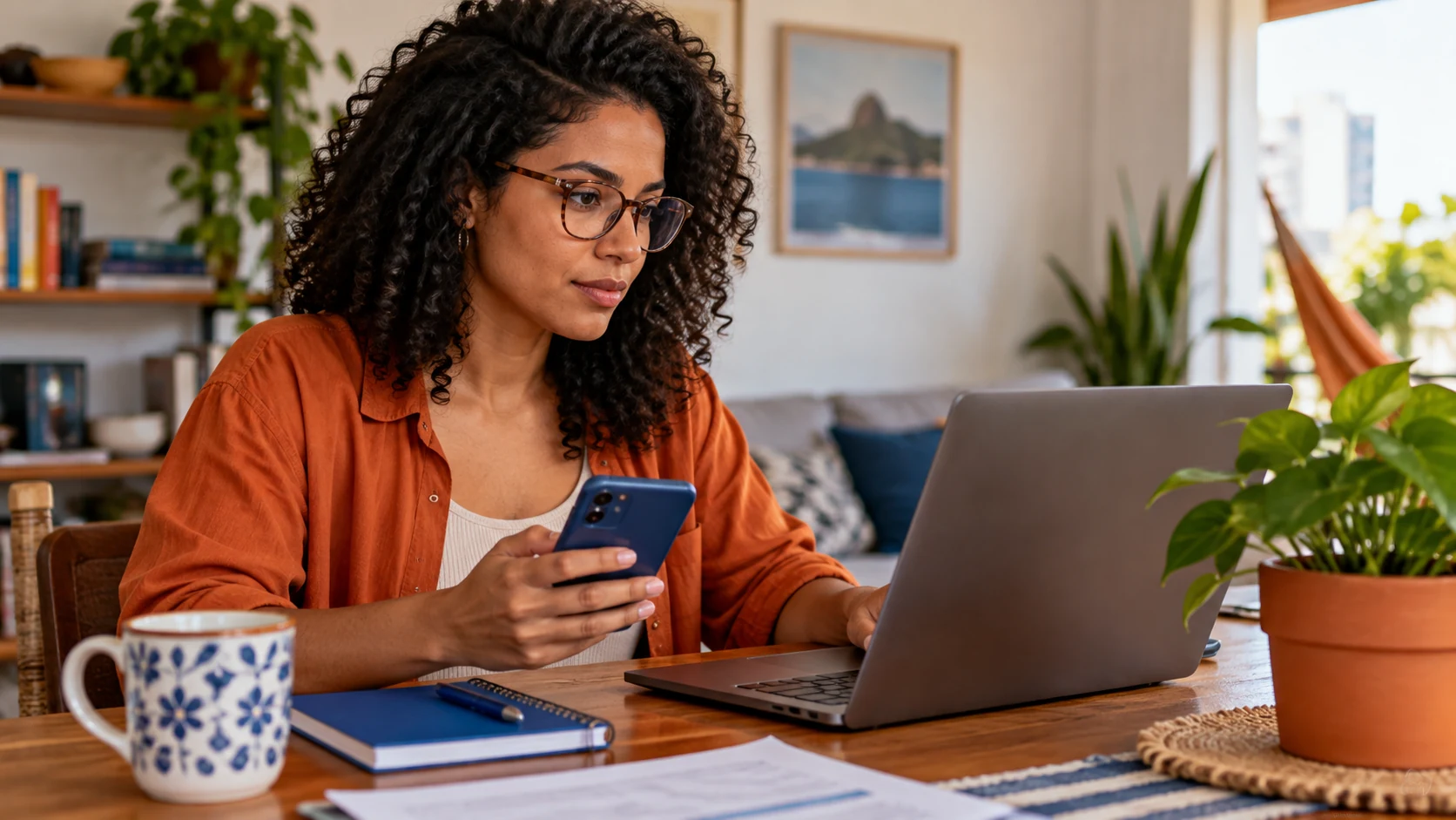Mulher confere informações no notebook e no celular antes de usar um aplicativo.