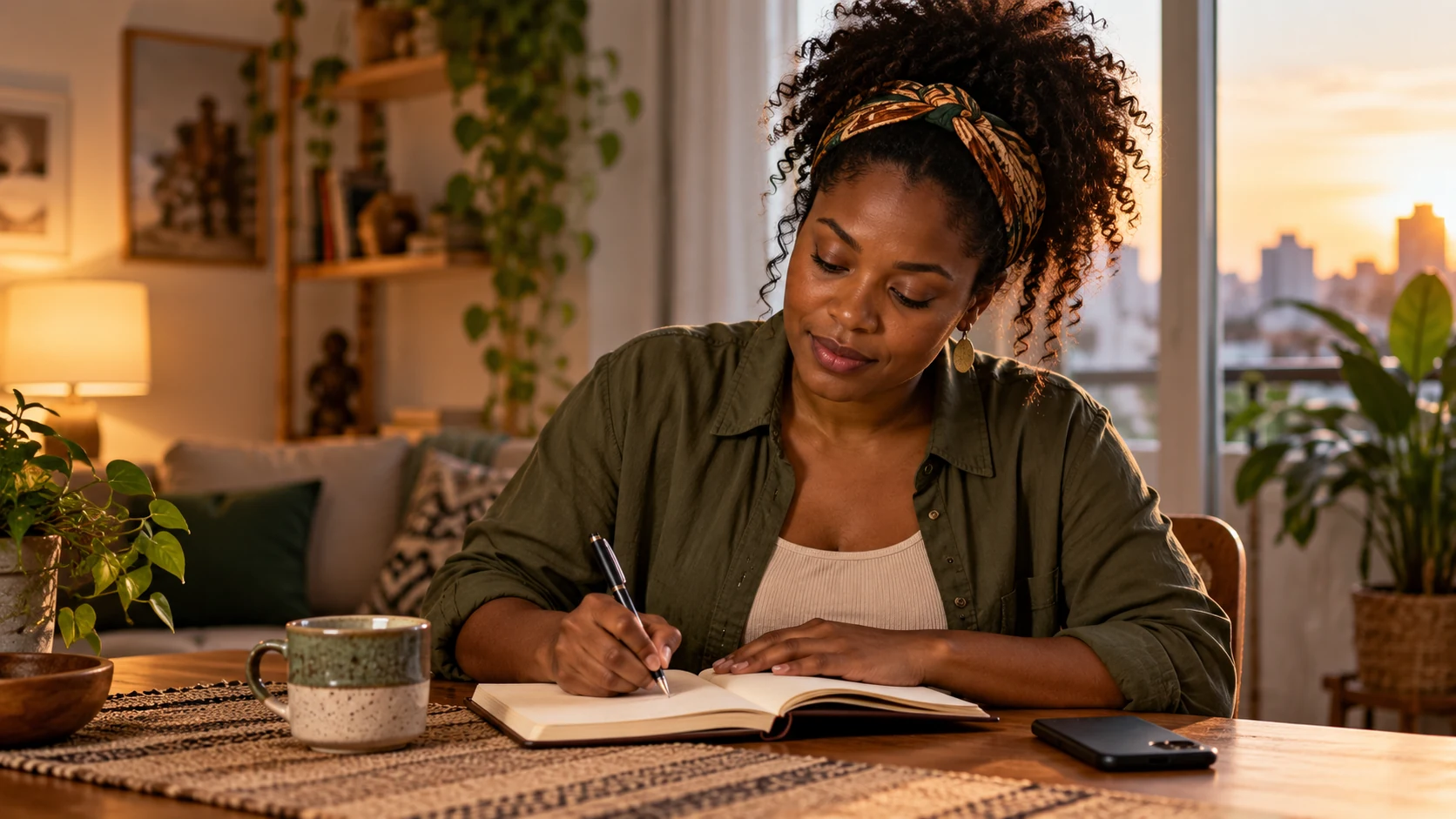 Mulher faz anotações em um caderno, com o celular ao lado.