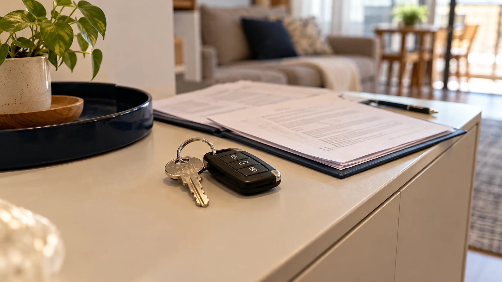 Chaves de casa e carro junto a documentos de aquisição de bens.