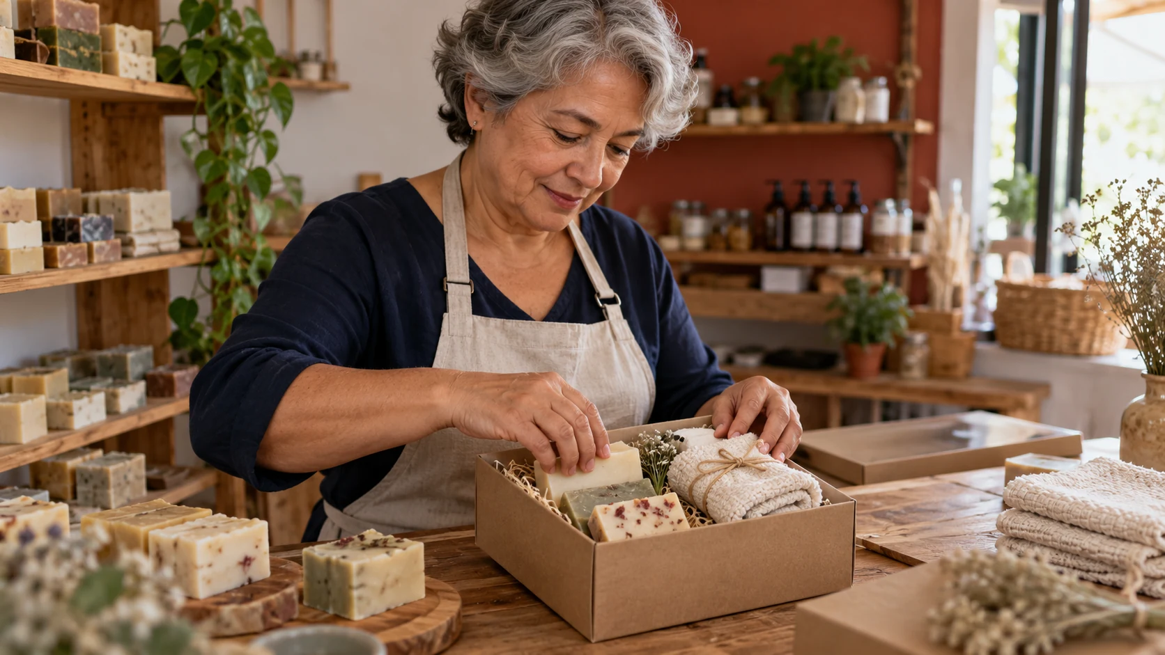Empreendedora monta um kit com sabonetes artesanais e toalhas.