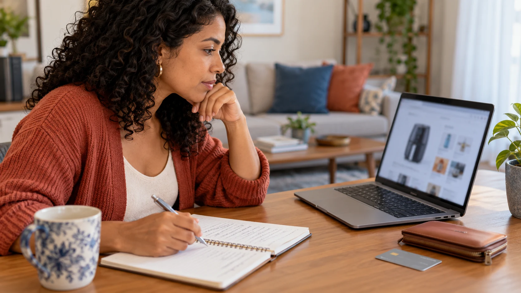 Consumidora compara um produto no notebook com suas anotações antes de comprar.