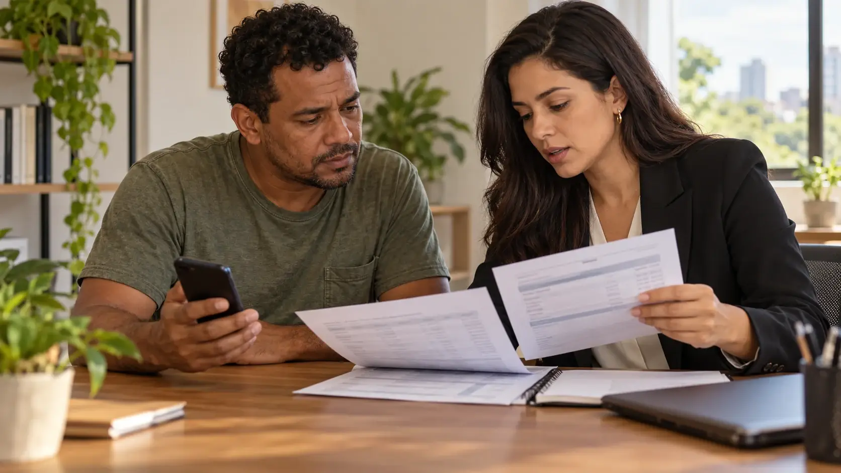 Trabalhador e orientadora comparam documentos durante um atendimento.
