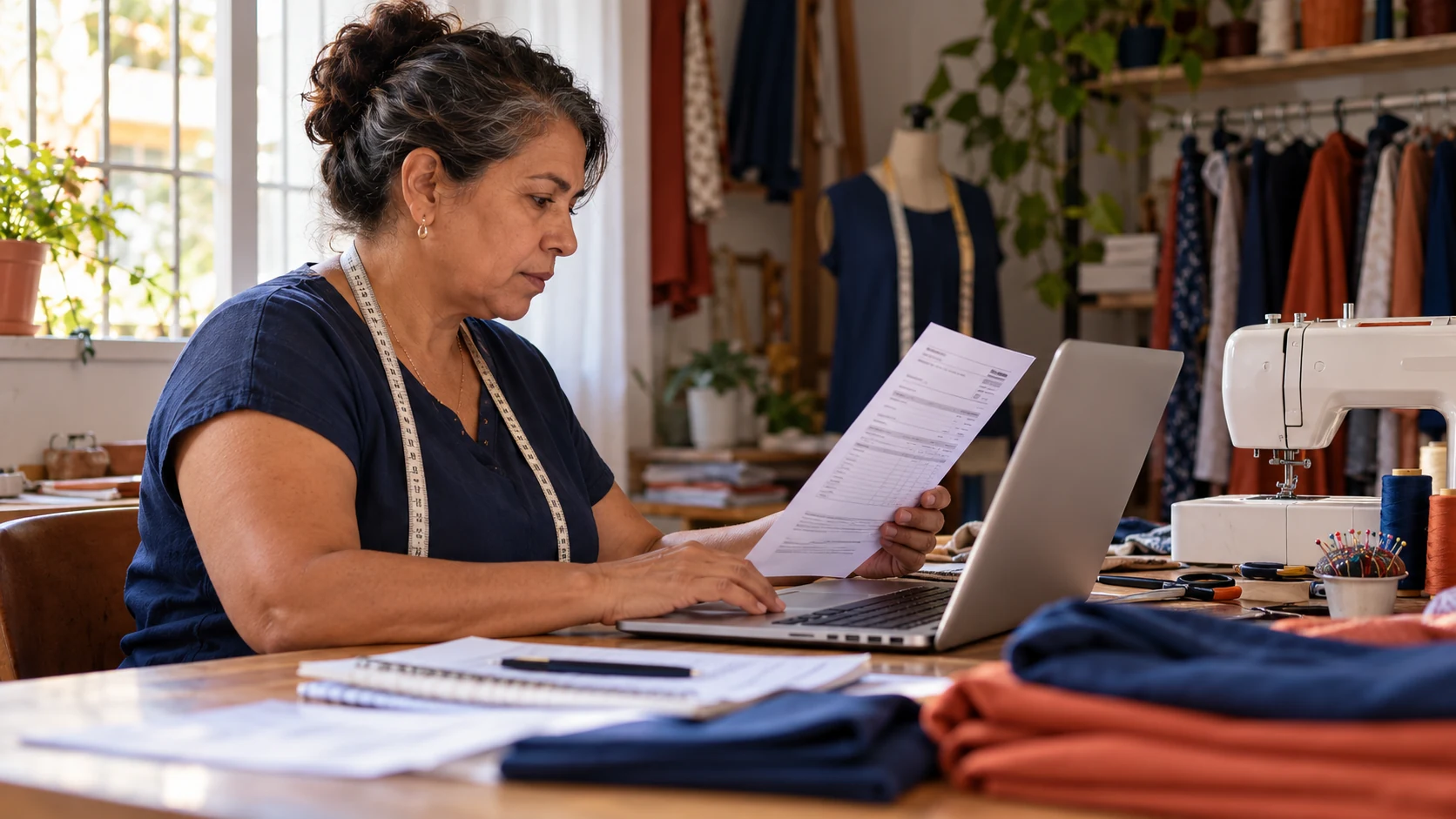 Costureira organiza uma guia mensal e consulta o computador em seu ateliê.