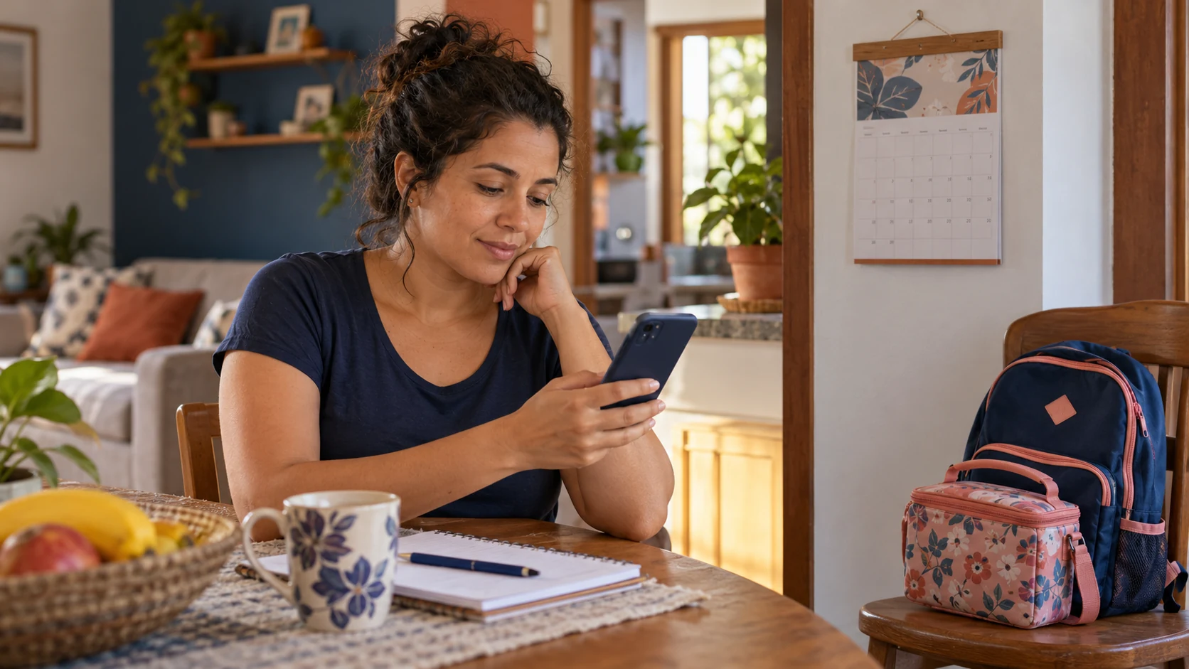 Mulher consulta o celular em casa, com calendário e mochila escolar ao lado.