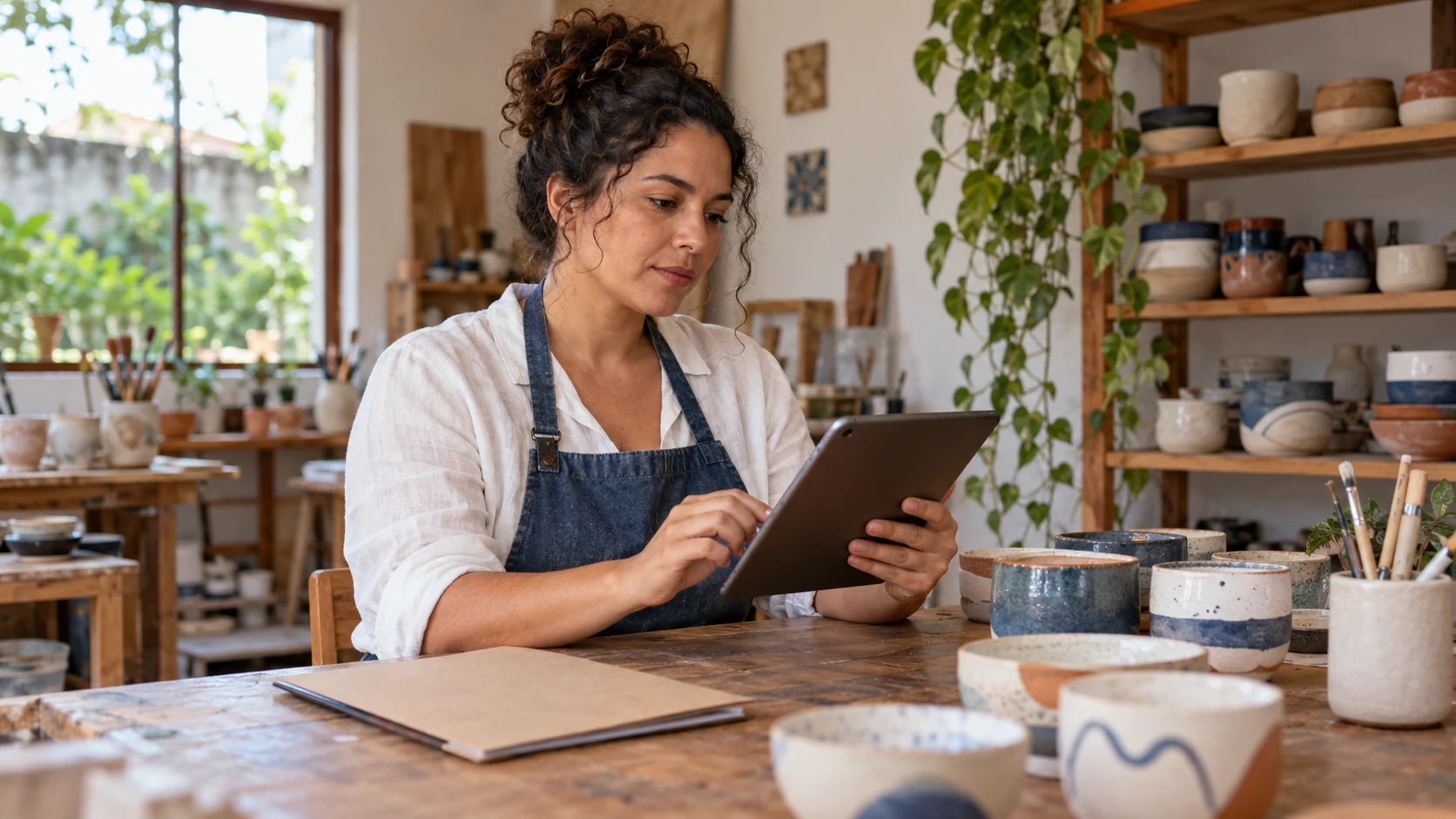 Artesã consulta um tablet entre peças de cerâmica e documentos do negócio.