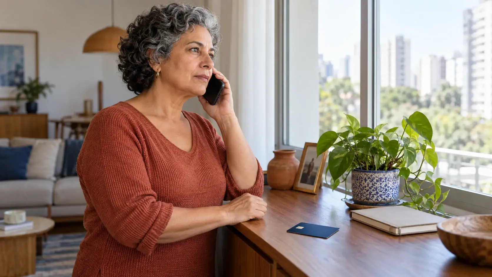 Mulher ao telefone com um cartão sobre o aparador de casa.