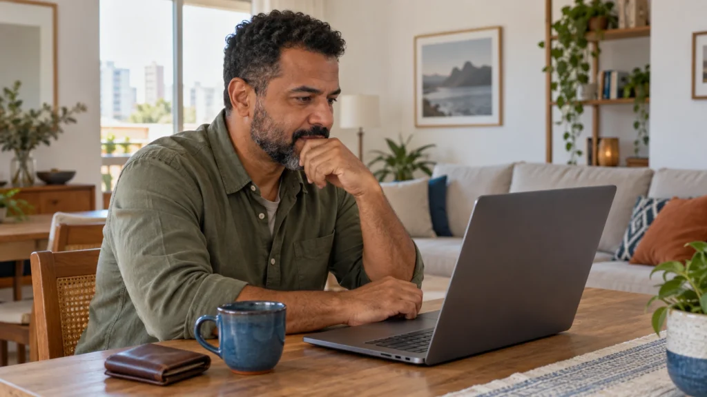 Homem pesquisa no notebook um cartão de crédito para negativado, com a carteira fechada ao lado.