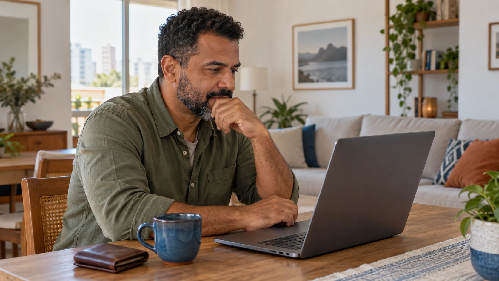 Homem consulta um notebook com uma carteira fechada ao lado.