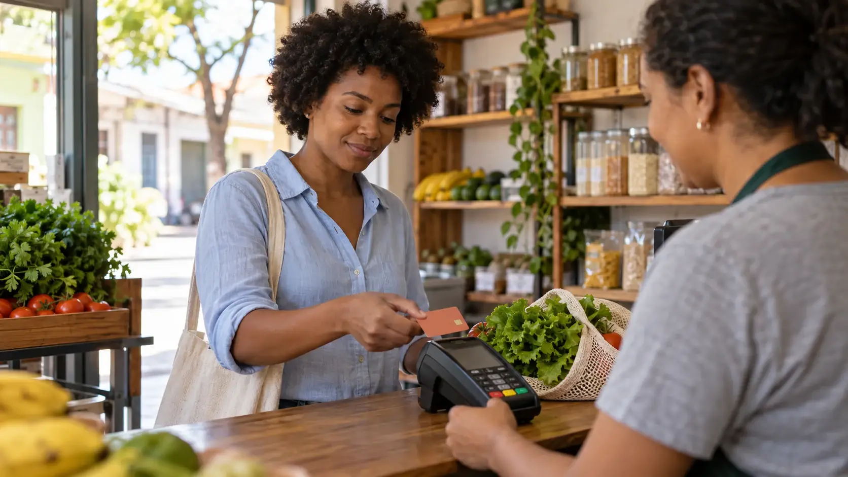 Jovem aproxima um cartão da maquininha em uma pequena mercearia.