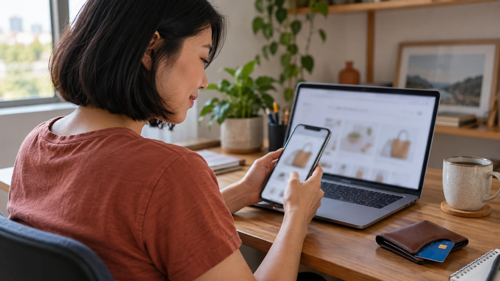 Mulher consulta o cartão virtual no celular ao lado de um notebook aberto.