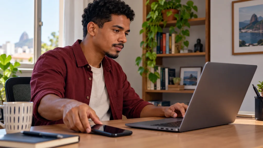 Homem alterna entre celular e notebook em uma mesa de trabalho.