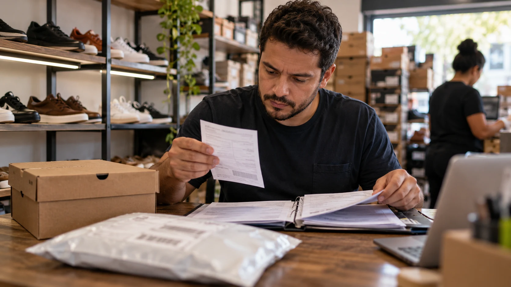 Comerciante reúne registros de pedido e entrega para conferir uma venda contestada.