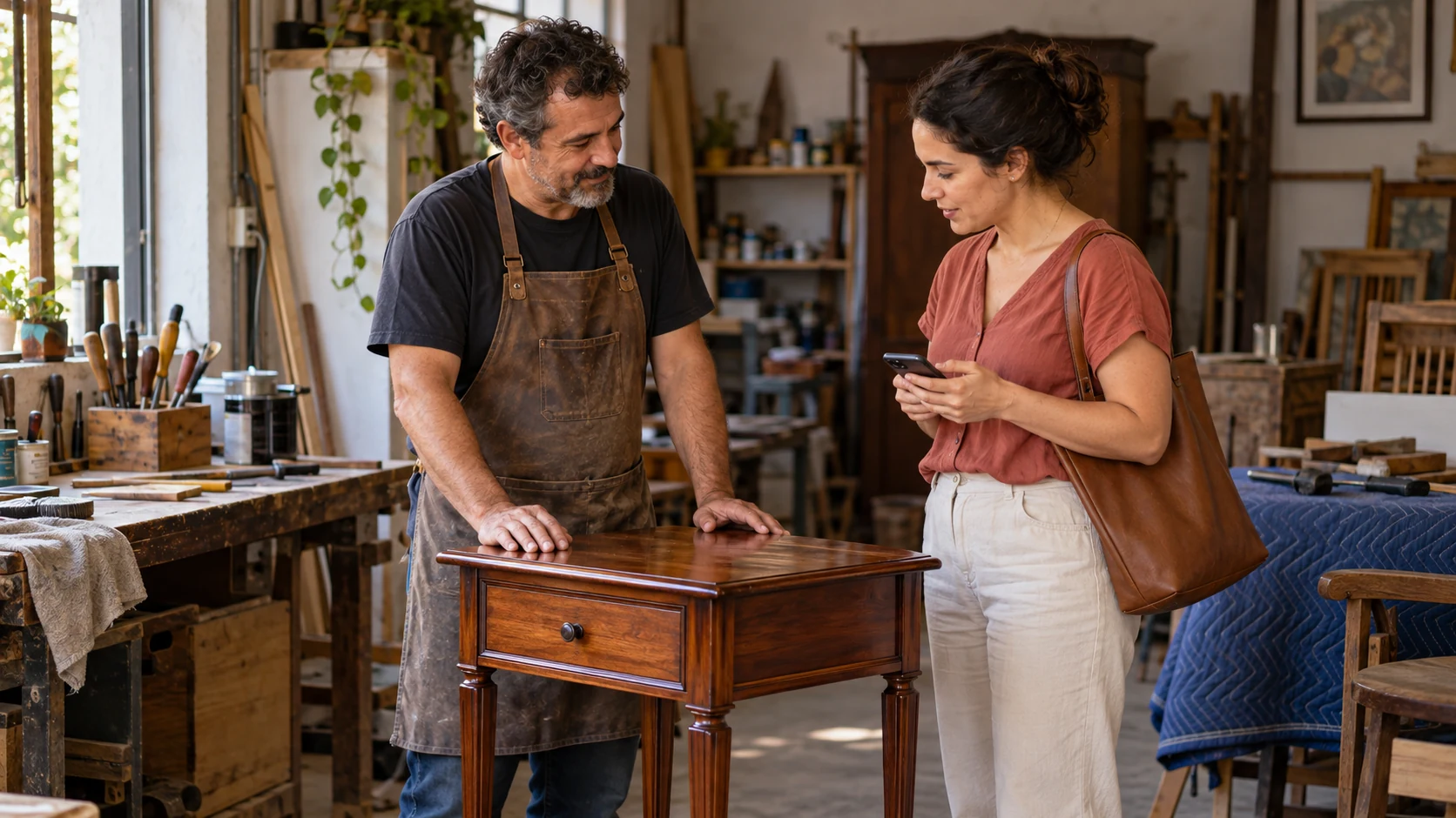 Artesão e cliente conversam sobre o pagamento de uma peça de madeira.