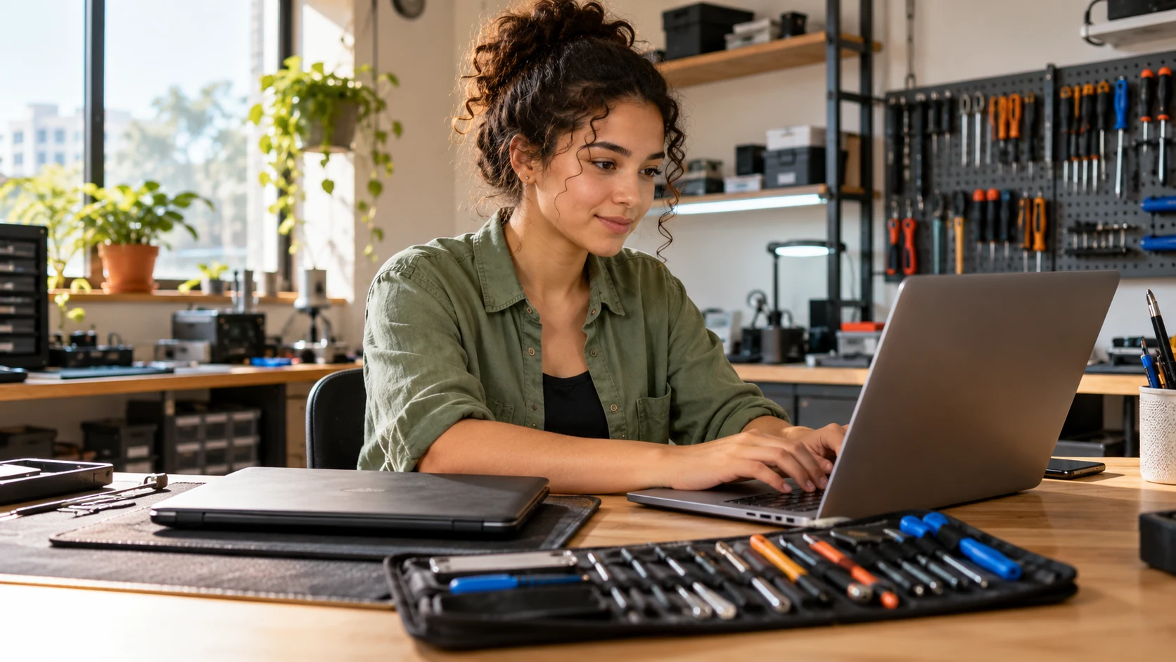 Técnica de reparos usa um notebook ao lado das ferramentas de trabalho.