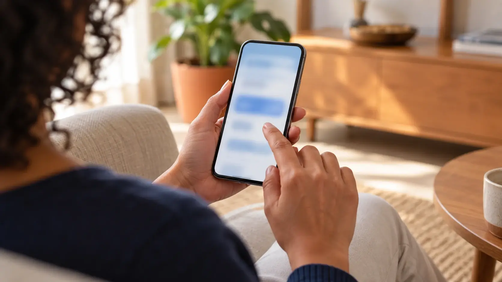 Pessoa usando o celular em casa para consultar opções de um aplicativo.