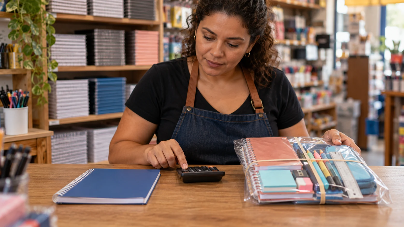 Comerciante compara um caderno avulso e um kit de papelaria usando uma calculadora.