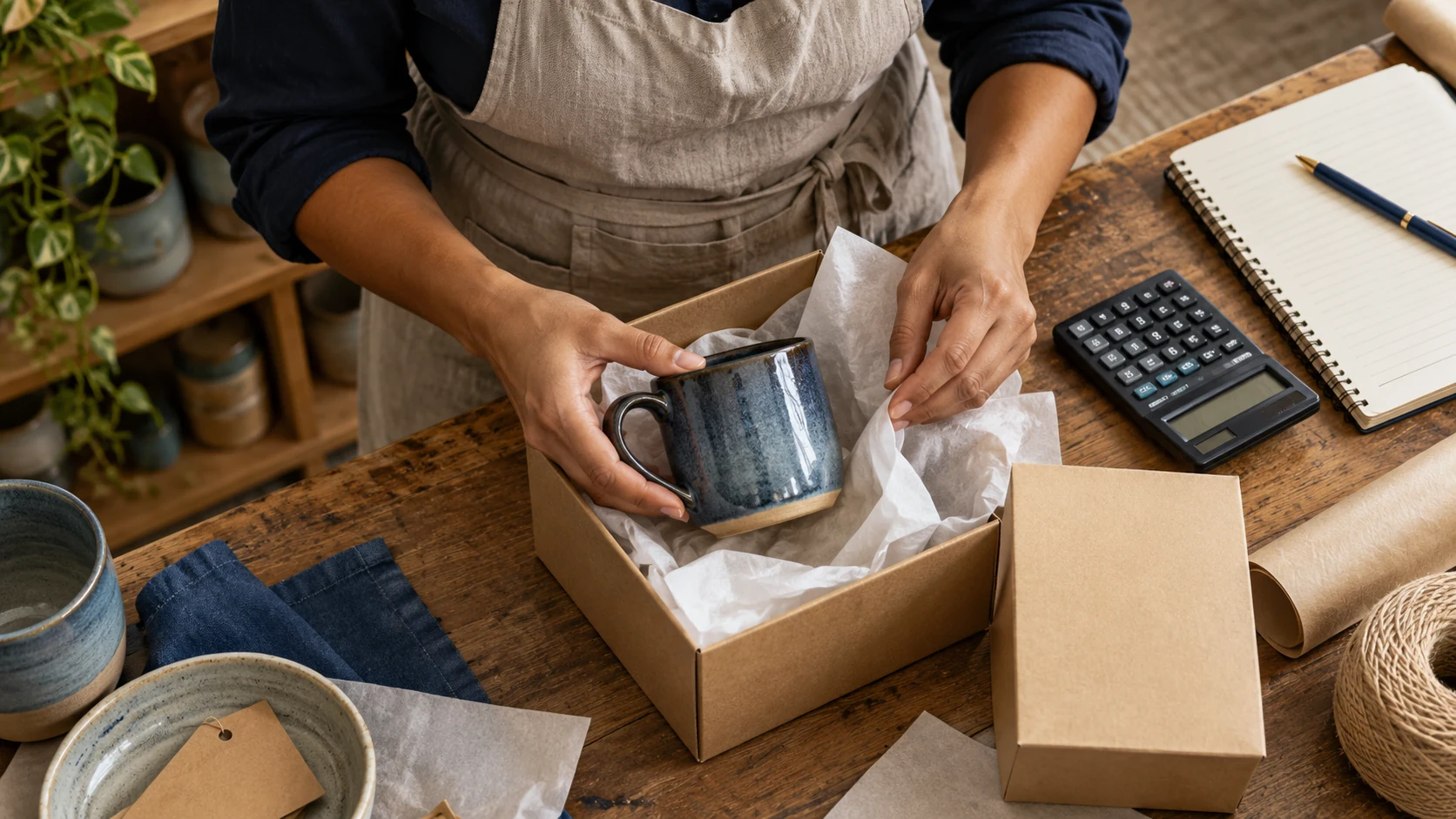 Caneca, embalagem e calculadora sobre a bancada de uma artesã.