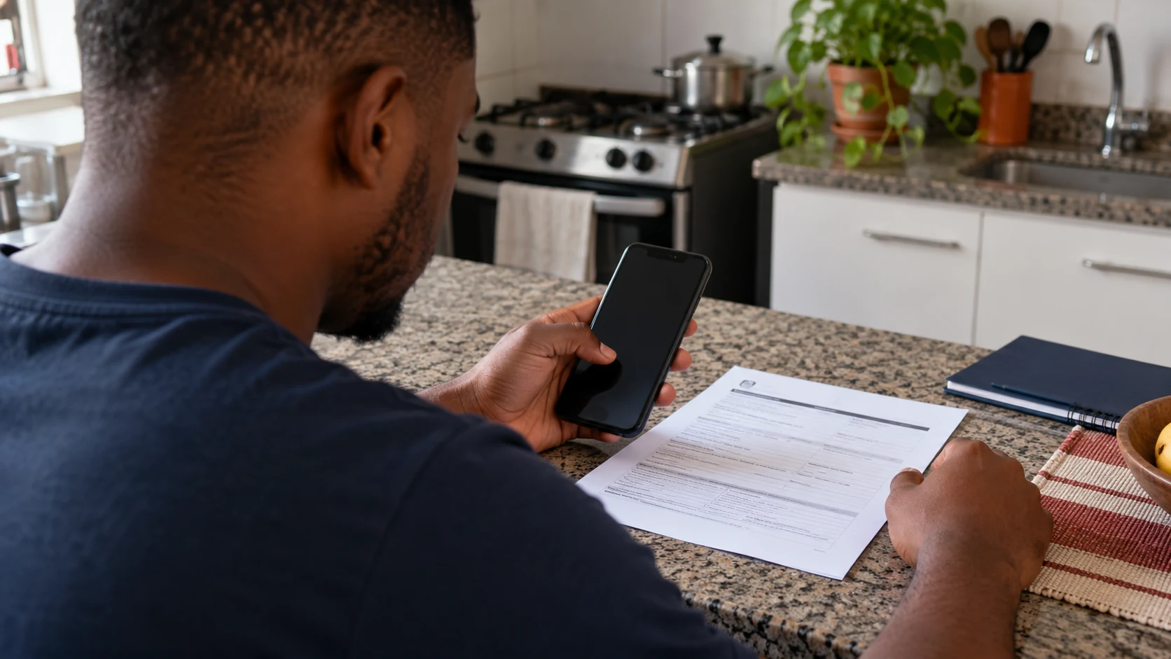 Trabalhador consulta o celular com o requerimento e documentos à mão.