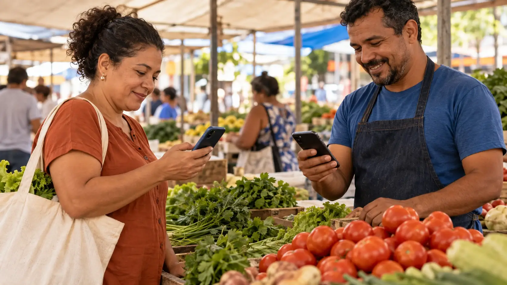 Cliente e feirante usam seus celulares junto a uma banca de verduras.