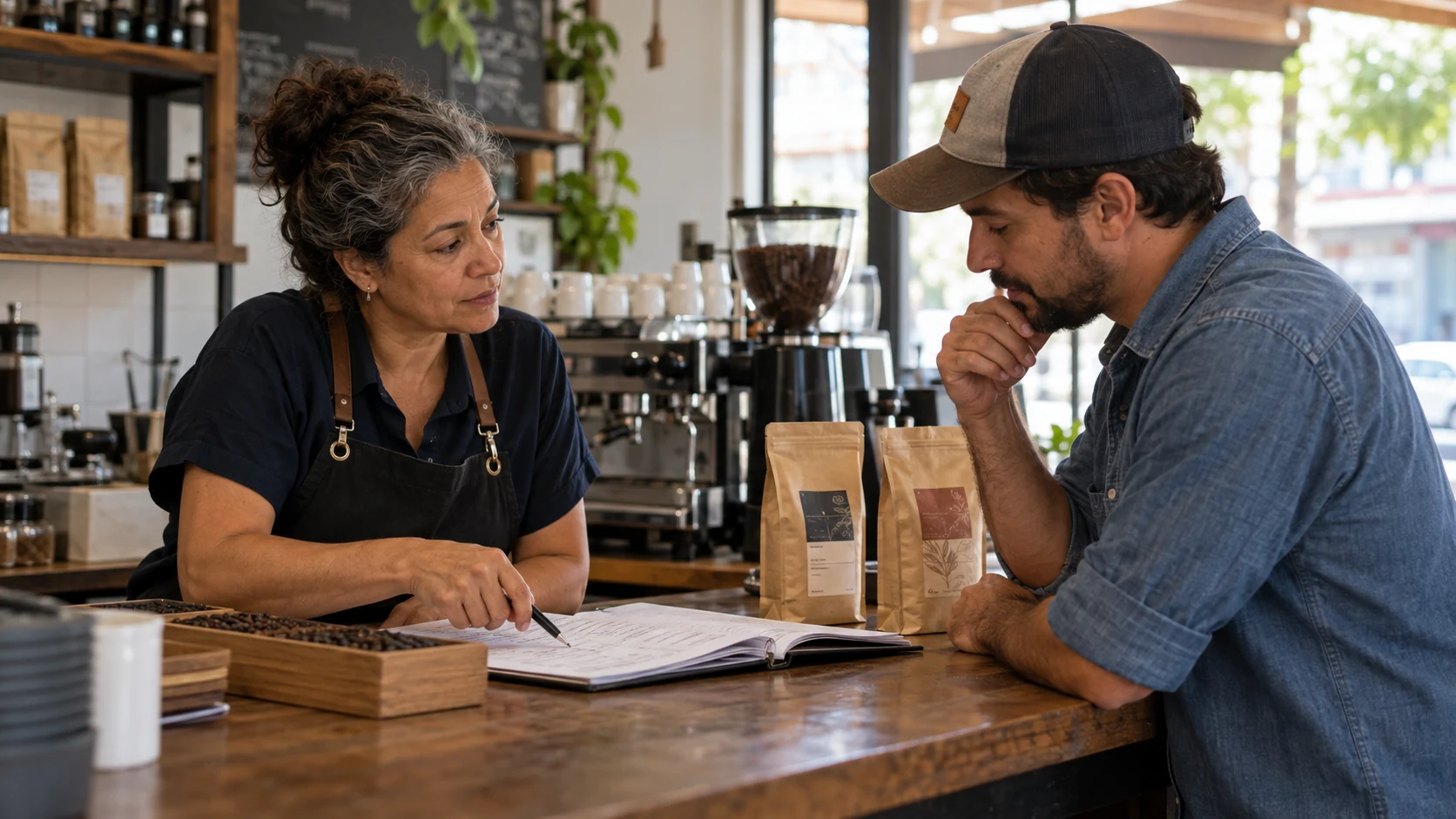 Dona de cafeteria conversa com um fornecedor sobre pedidos no balcão.
