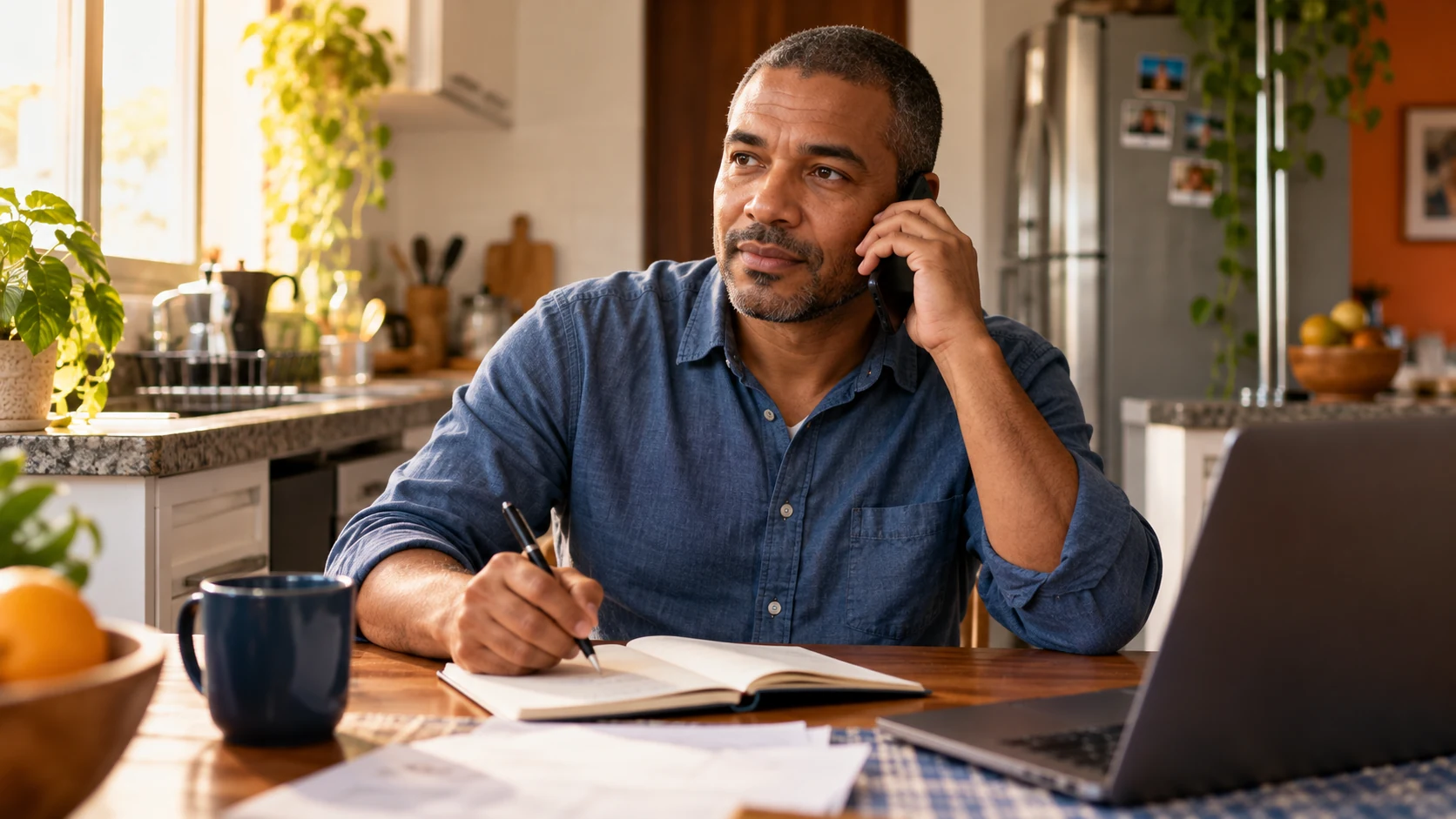 Homem conversa ao telefone e faz anotações para negociar um pagamento.