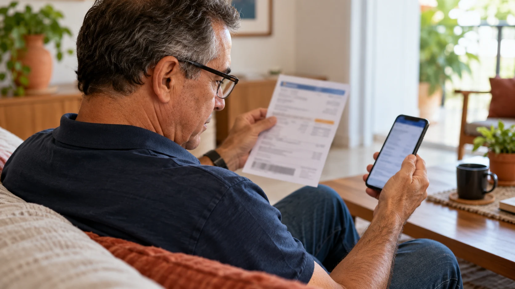 Homem confere uma conta impressa e as informações no celular antes de pagar.
