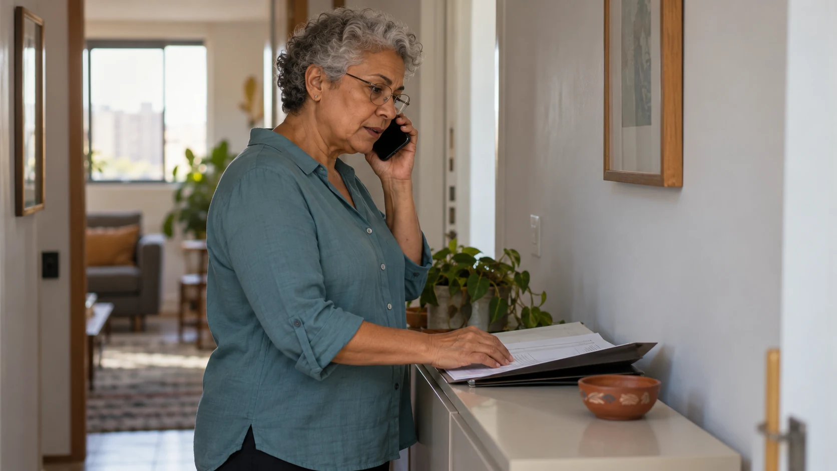 Mulher fala ao telefone enquanto confere documentos para solicitar a quitação do empréstimo.