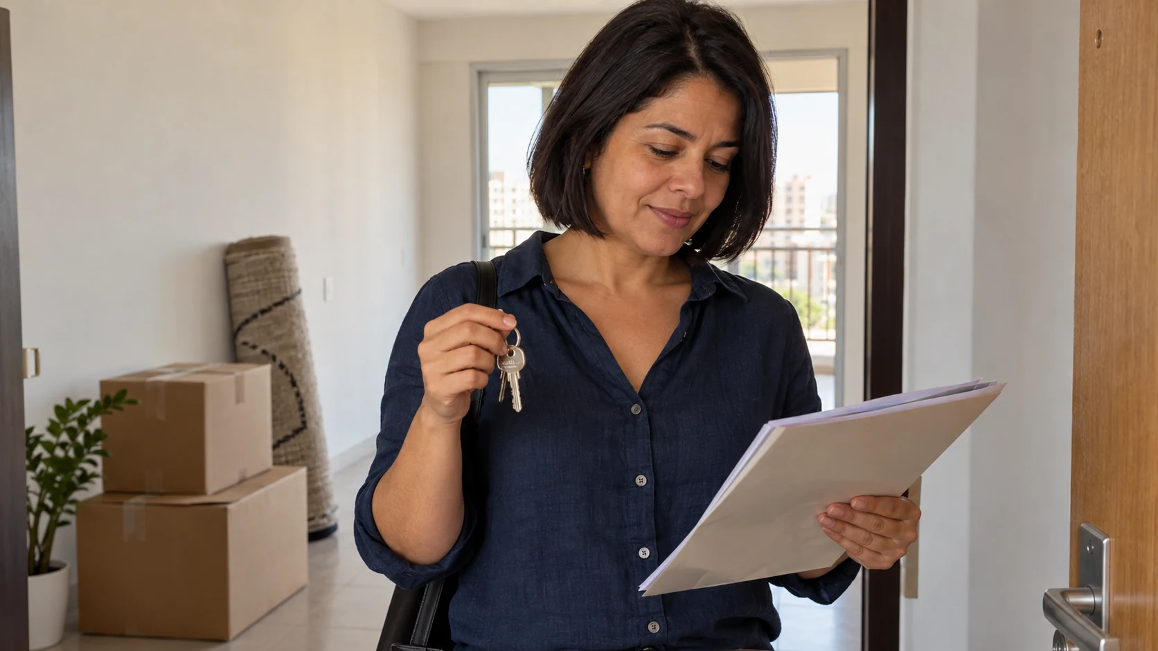 Mulher com chaves e documentos junto a caixas de mudança no novo apartamento.