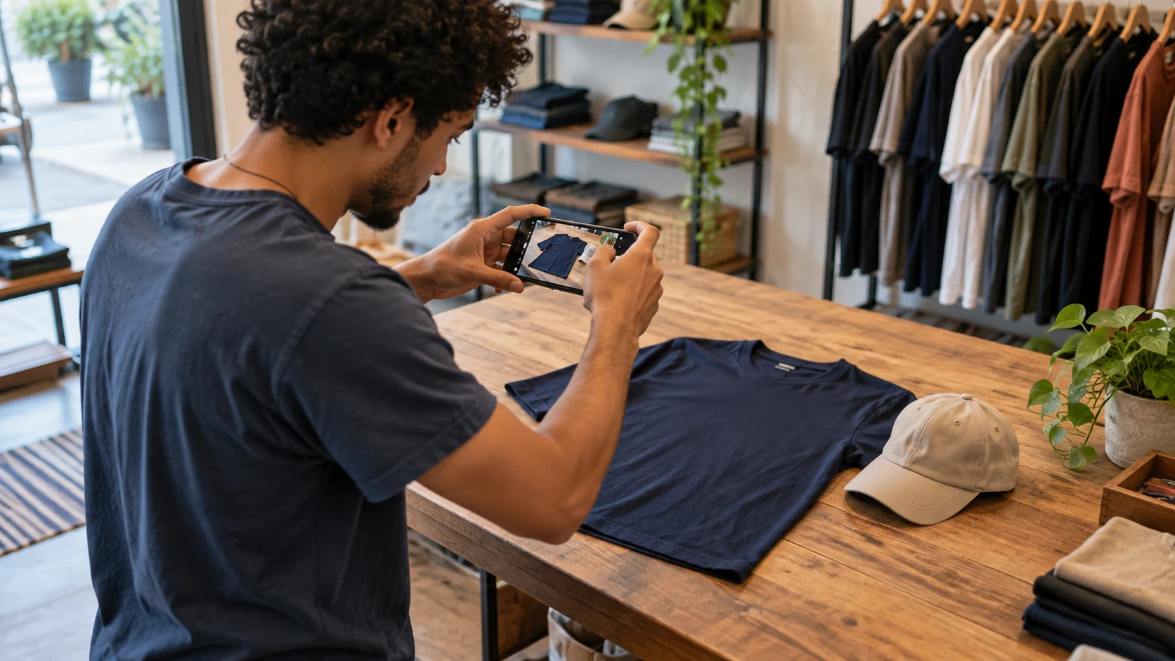 Lojista fotografa camiseta e boné para anunciar em outro canal de venda.