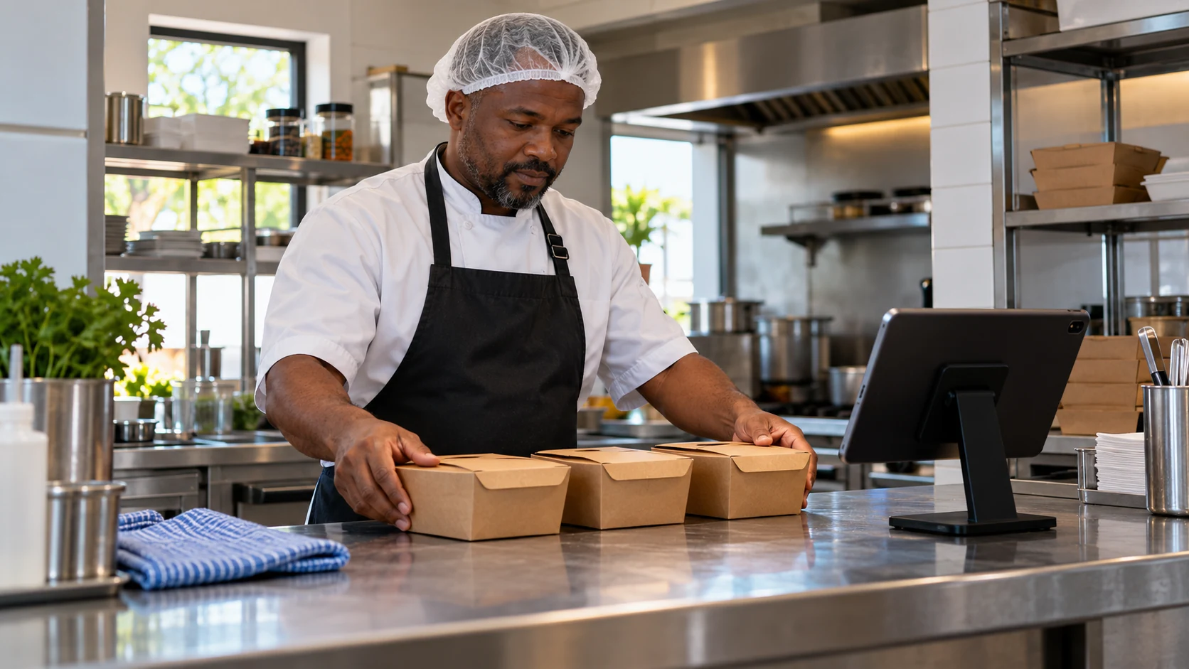 Cozinheiro organiza embalagens de refeições para entrega.