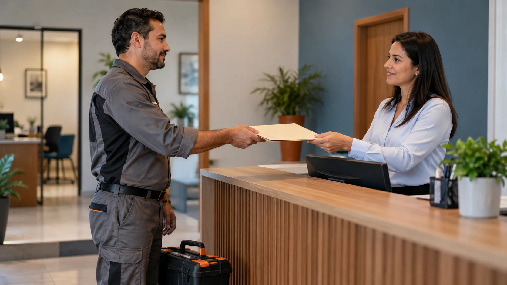 Prestador de serviço entrega documentos à responsável de um pequeno escritório.