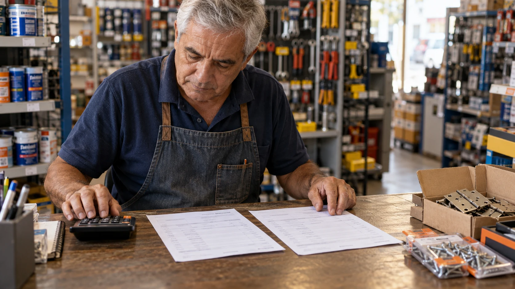 Comerciante compara duas propostas com uma calculadora no balcão de ferragens.