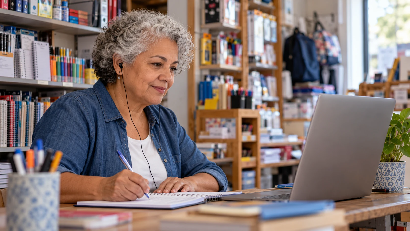 Empreendedora acompanha uma aula no notebook em sua loja.