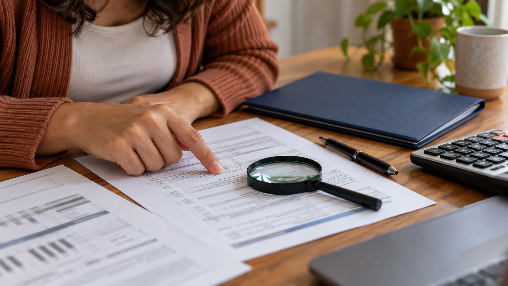 Documentos financeiros são conferidos com lupa e calculadora.