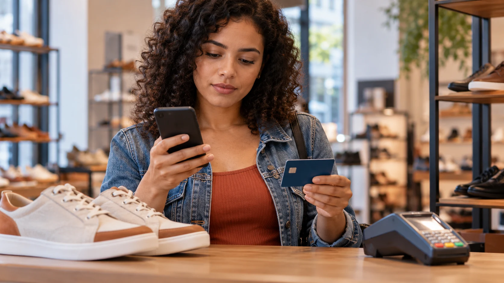 Cliente compara celular e cartão antes de pagar por um par de sapatos.