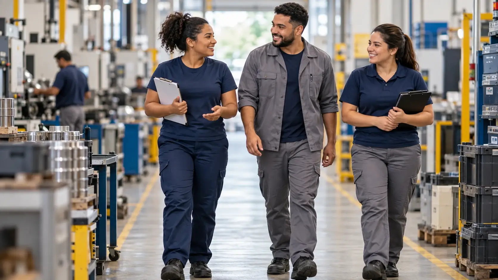 Três trabalhadores caminham pelo corredor de uma fábrica, no mês em que o desemprego recuou no Caged de agosto de 2026.