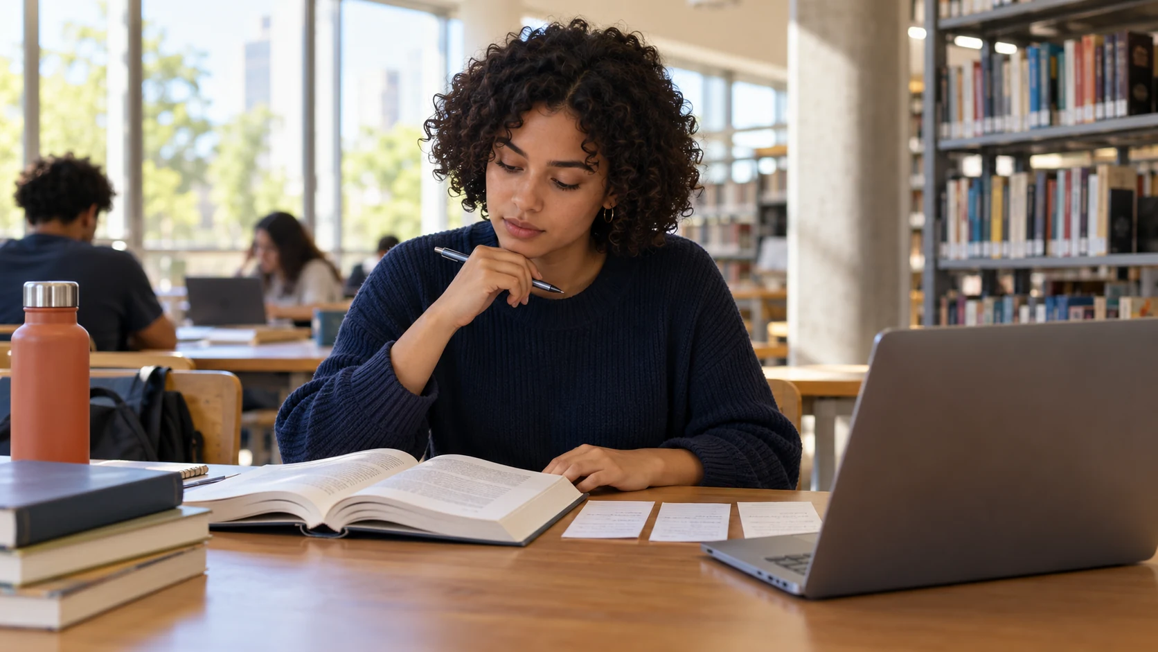 Mulher estuda informações financeiras com um livro e um notebook na biblioteca.