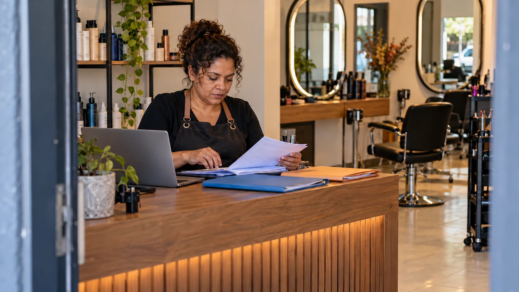 Dona de salão consulta o computador e organiza documentos tributários.
