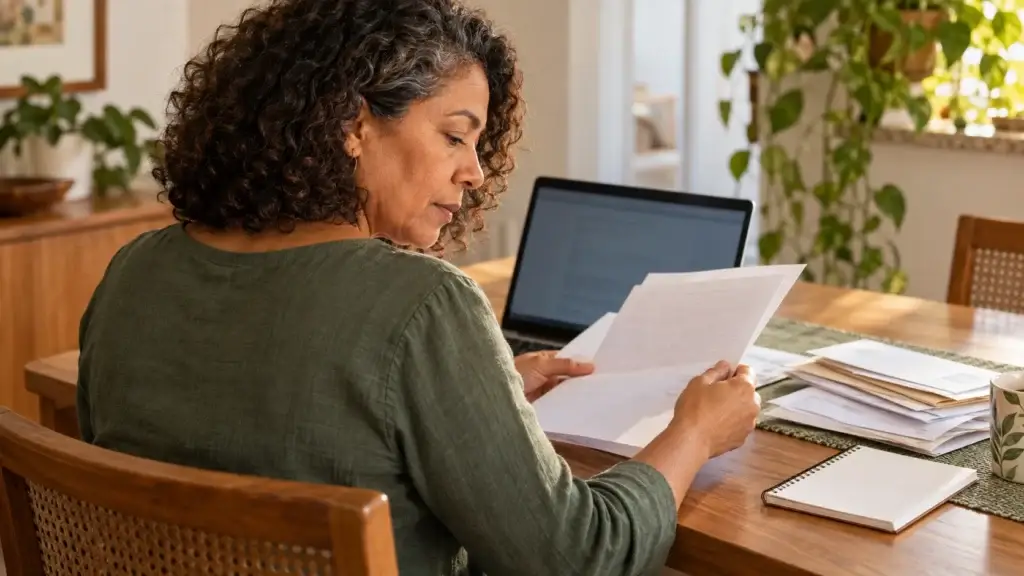 Mulher consulta um notebook e organiza correspondências e anotações.